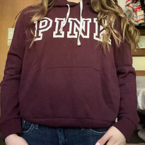 "Pink" Maroon Drawstring Hoodie Logo - Picture 3 of 4